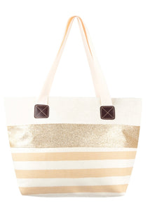 White/creamy and gold beach and “the roomy bag.”
